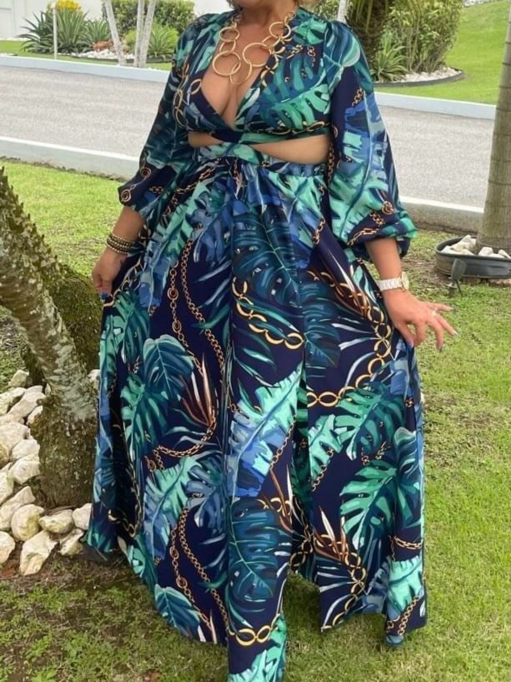 Tropical Leaf Navy Maxi Dress with Cutout